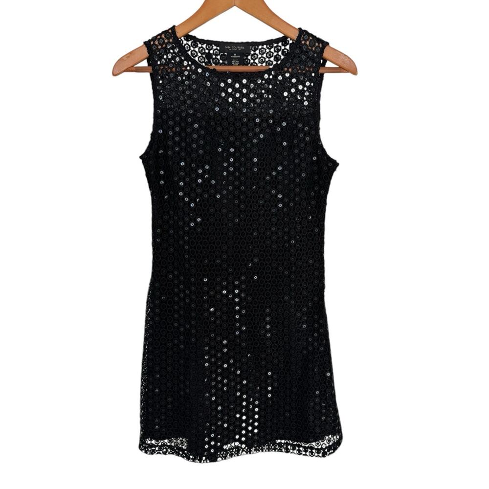 MM COUTURE Black Sequin Crochet Lace Dress Sleeveless Holiday Black Tie Size SM